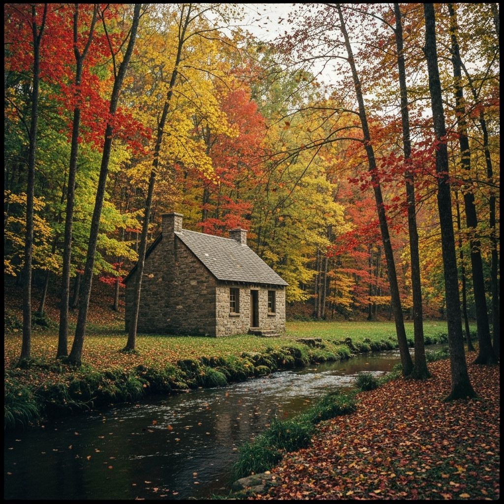Autumnal Stone House by Stream in Cinematic Style