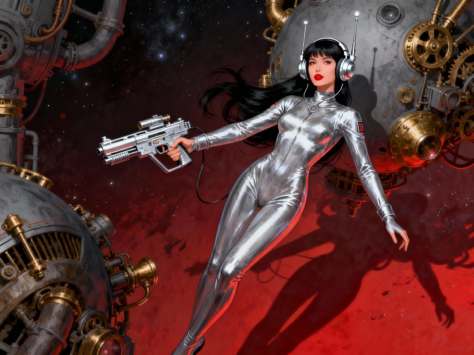 Cyberpunk Woman Floats in Space with Silver Blaster