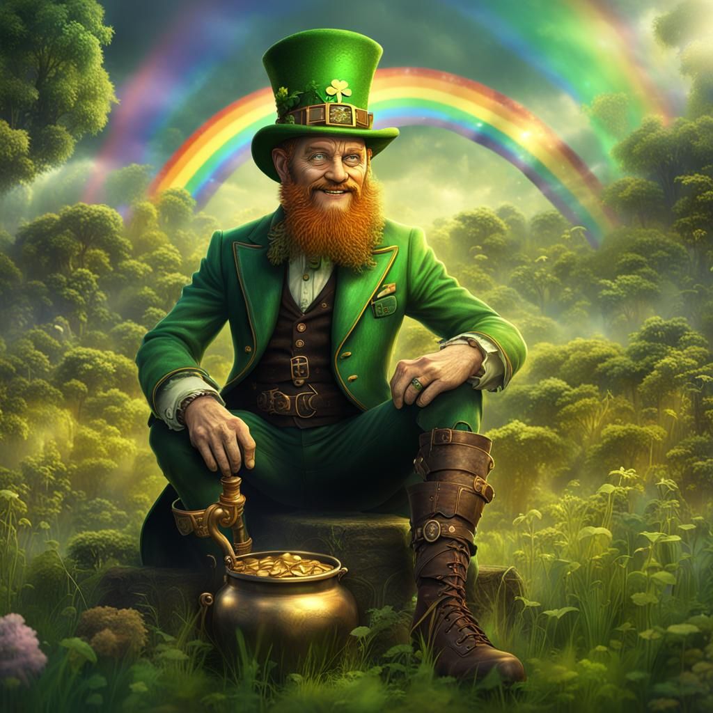 Steampunk Leprechaun with Gold and Rainbow