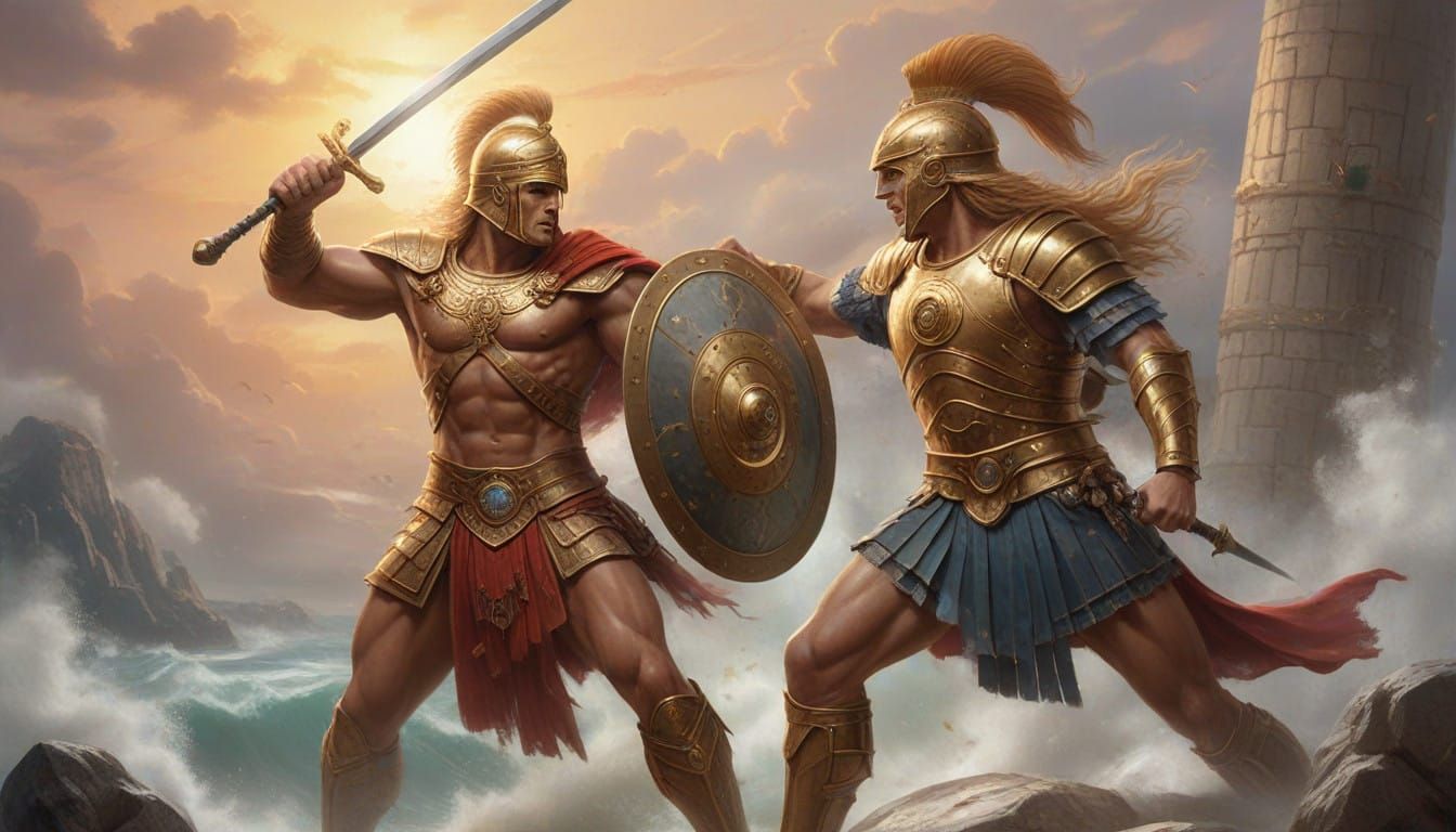 Epic Battle of Achilles and Hector in Golden Armor