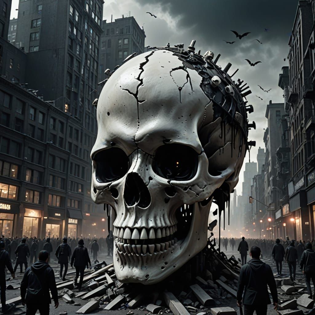 Giant Skull Attacks City in Surreal Horror Scene