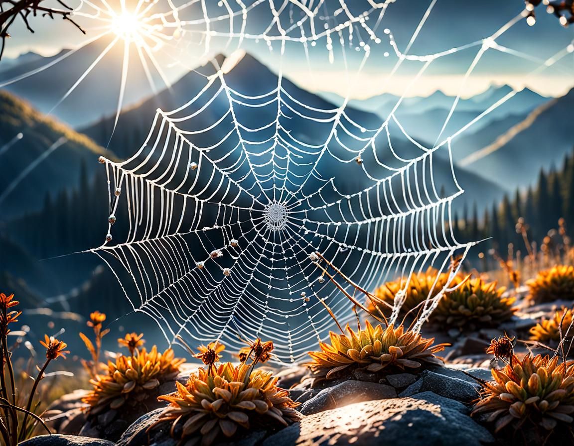 Spiderweb with Dew Drops in Mountain Landscape