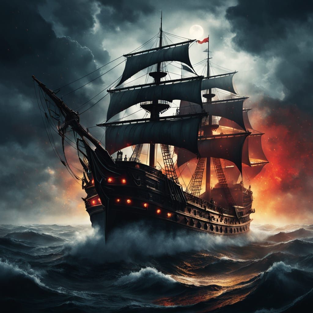 Mystical Black Ship in Stormy Sea: Gothic Dark Fantasy