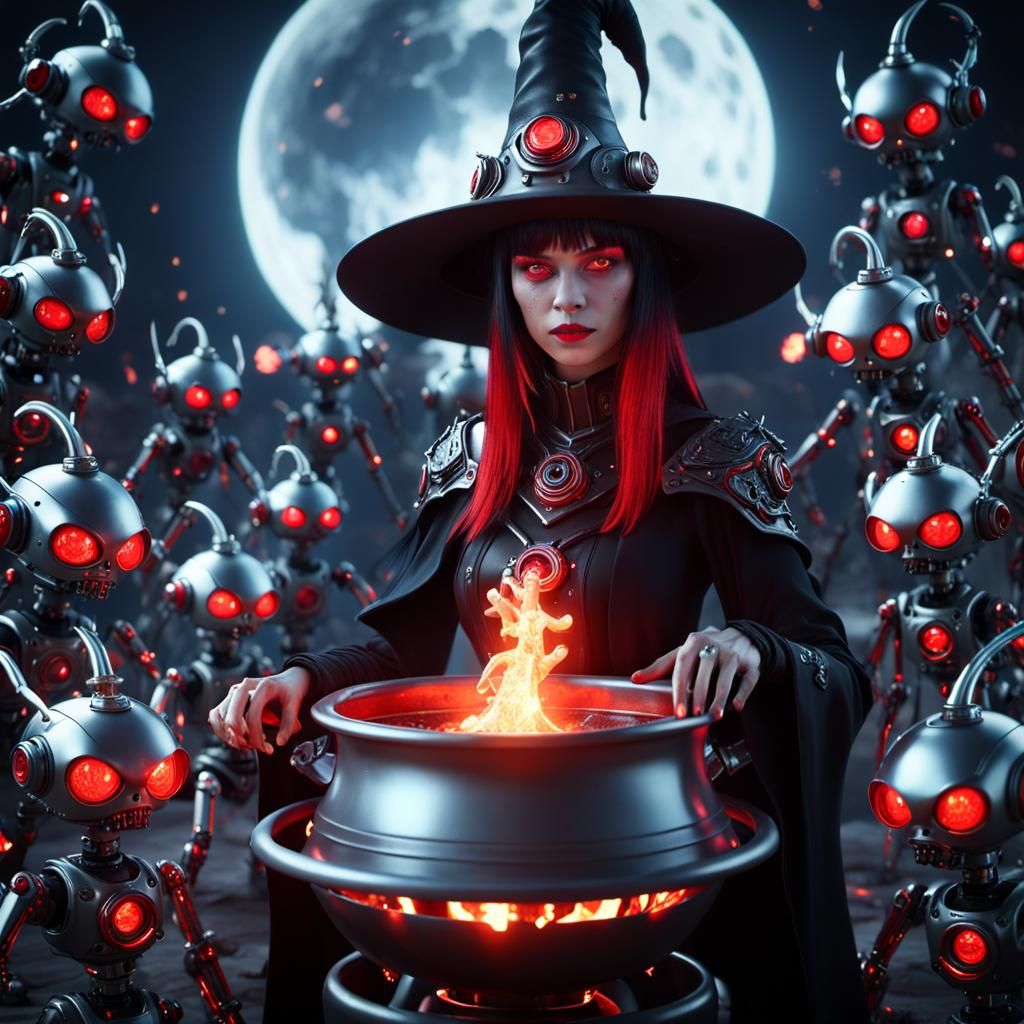 Cybernetic Goth Witch Conjuring Fireball