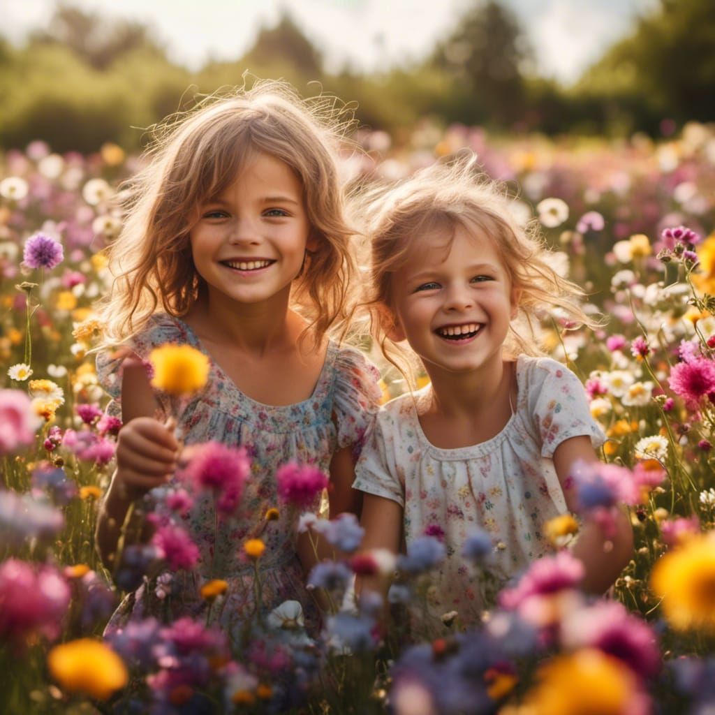 Happy Children Playing in a Sunny Flower Field