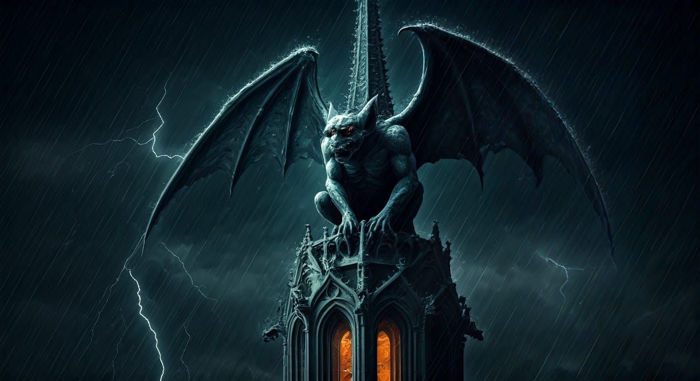 Gothic Gargoyle on Spire in Dark Fantasy Style