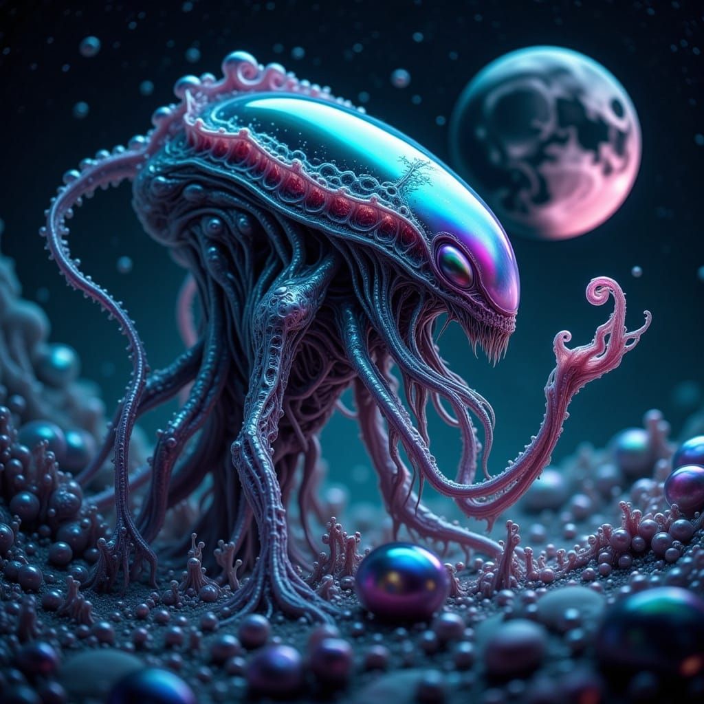 Bioluminescent Alien Inspects Flora on Distant Planet