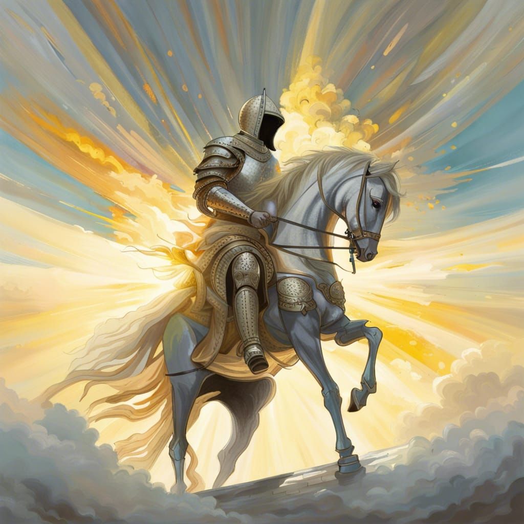 Sunlit Knight on Horseback in Cloudy Sky