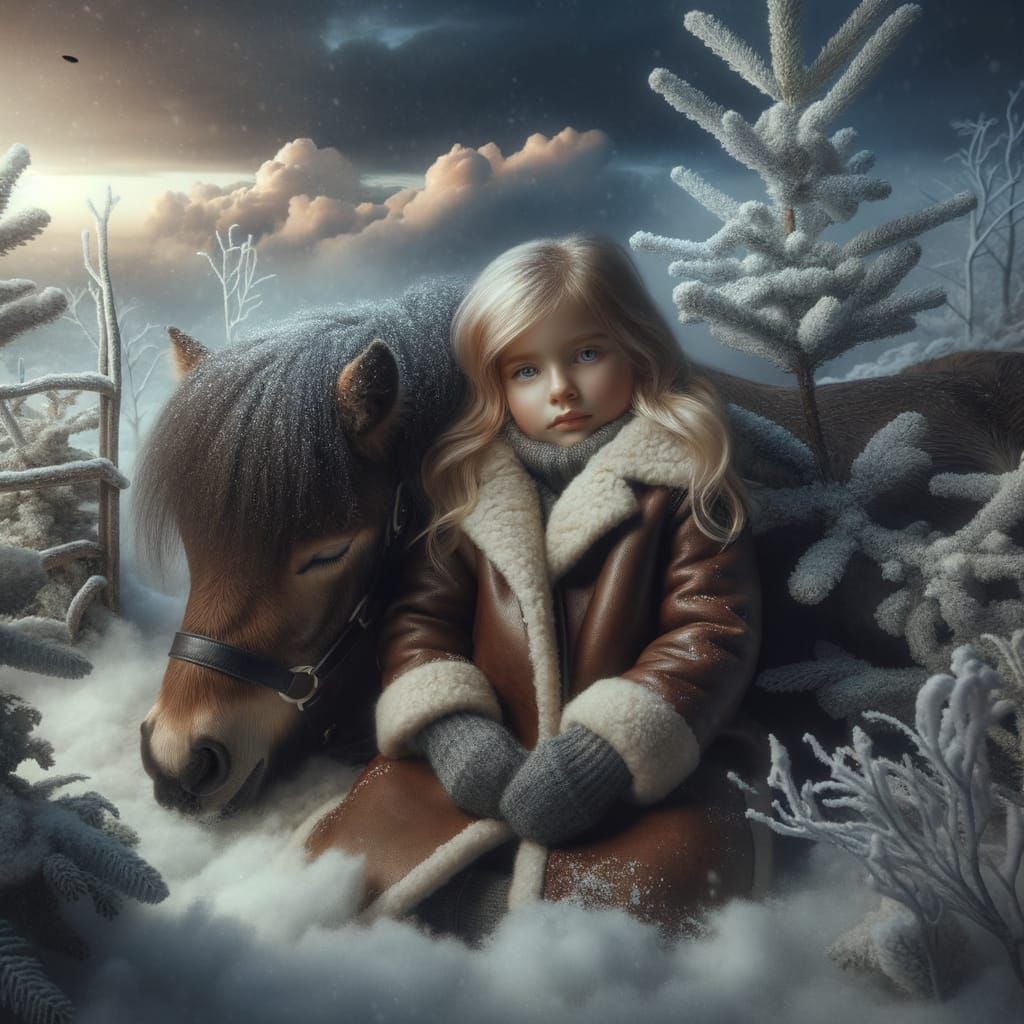 Girl Snuggling Pony in Snowy Wilderness