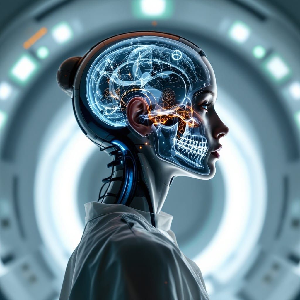 Surreal Android Woman in Futuristic Medical Exam