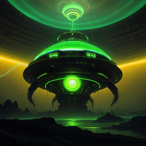 Radiant Metallic UFO in Swirling Green Haze