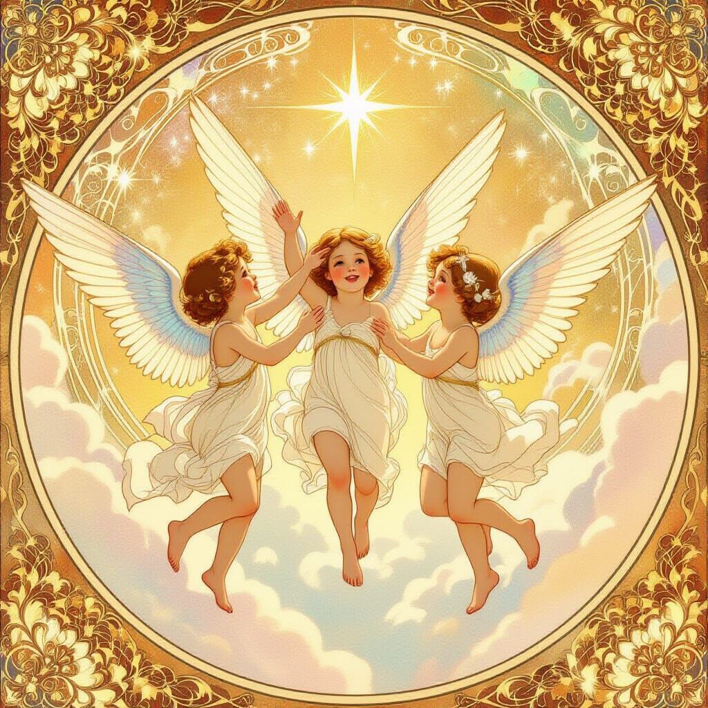 Art Nouveau Cherubs Dance in Golden Celestial Realm