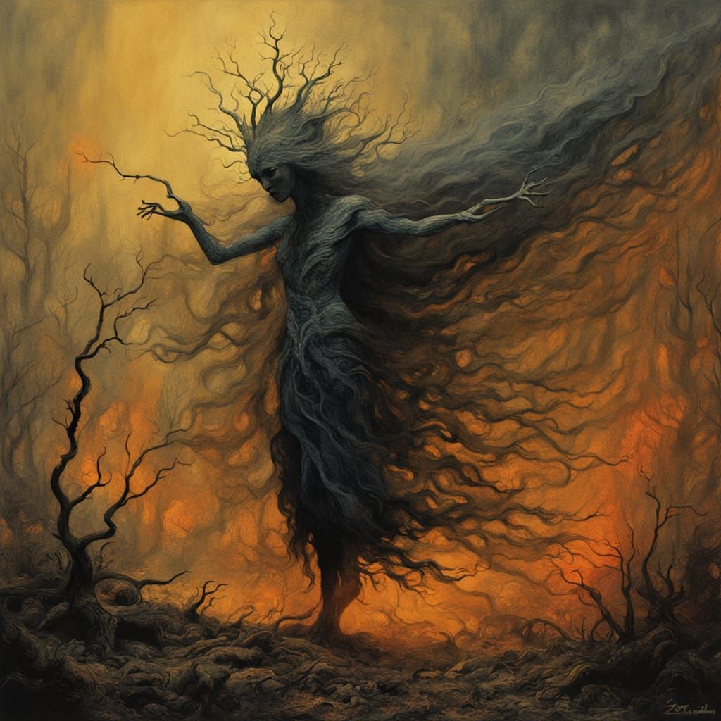 Smoke Fairy Dances in Charred Forest: Beksiński Style