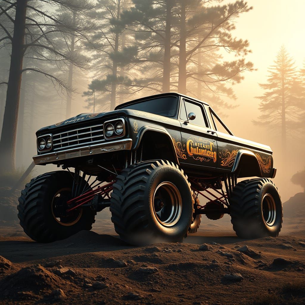 Cyberpunk Monster Truck in Mystical Landscape