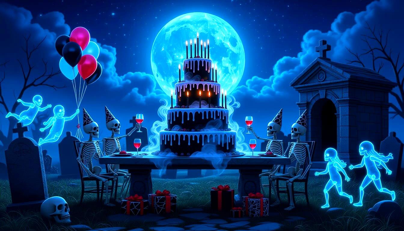 Surreal Graveyard Party Under a Full Moon