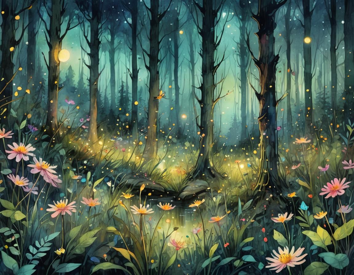 Whimsical Summer Forest in Watercolor Style