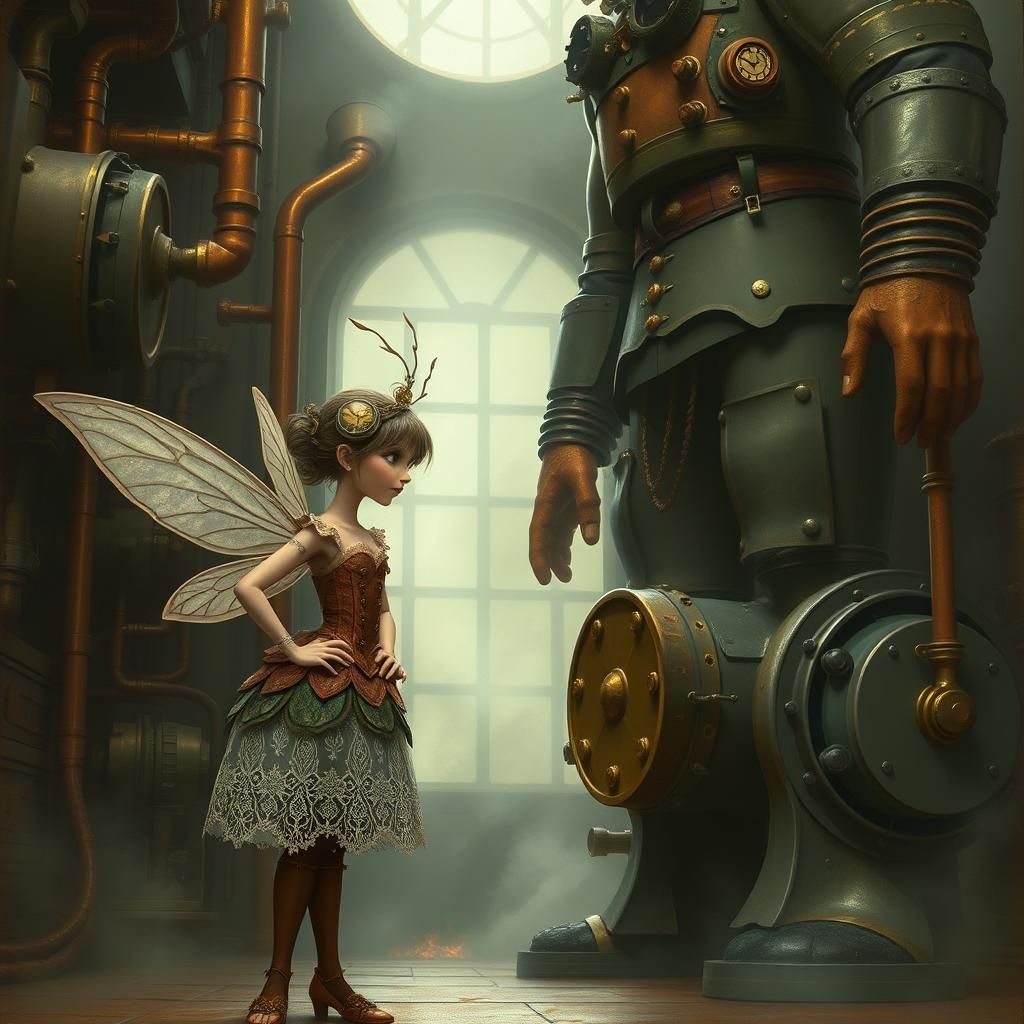 Steampunk Fairy Confronts Man Near Giant Engine