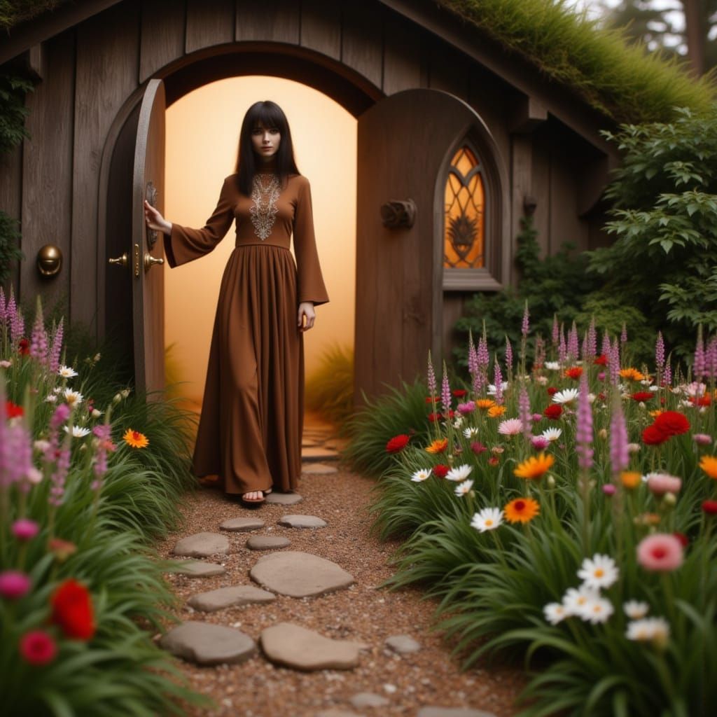 Elegant Elf Lady Enters Charming Hobbit Home in Shire