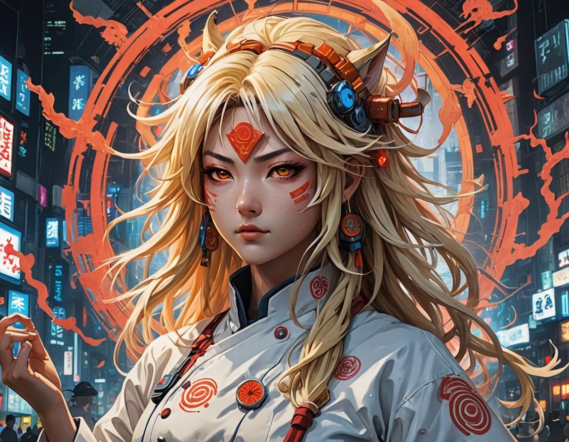 Amaterasu as Cyberpunk Anime Goddess in Art Nouveau Style