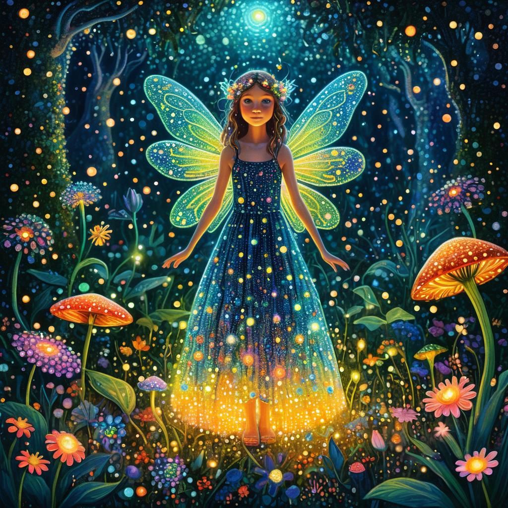 Pointillism digital art print, medium shot. A fairy in an En...