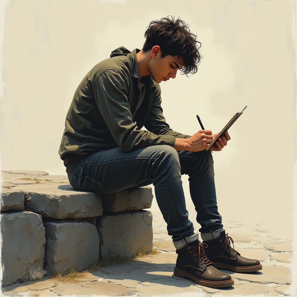 Intense Young Man Reflects in Charcoal Drawing