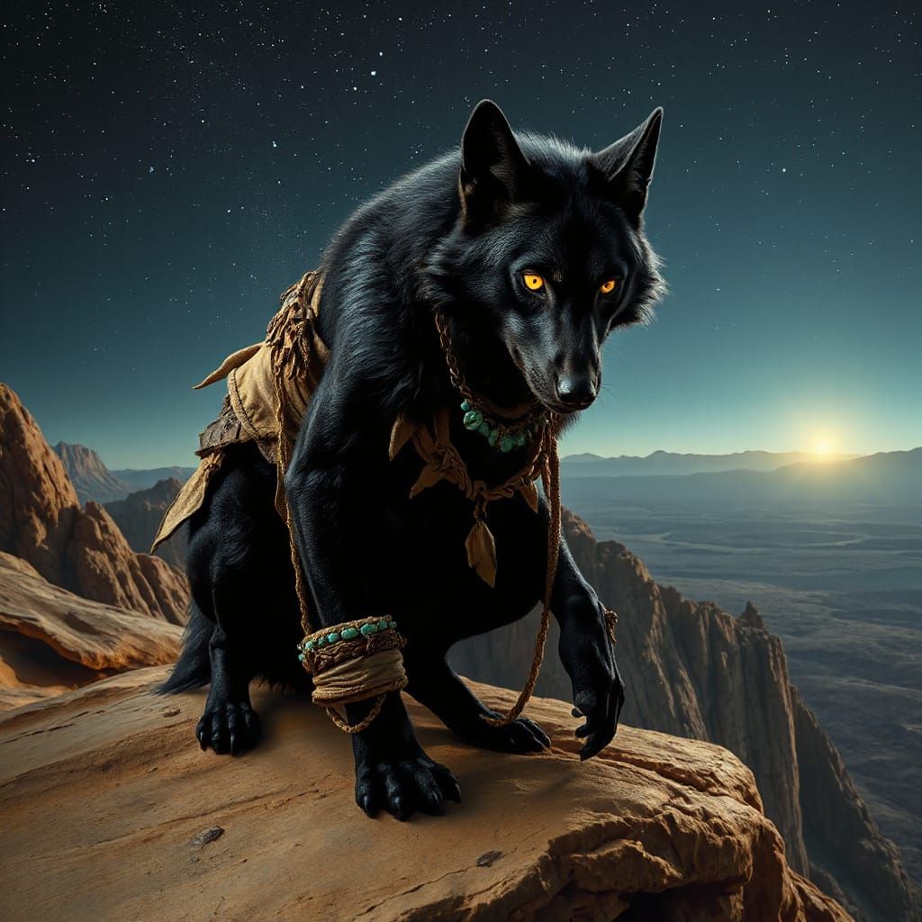 Skinwalker in Wolf Form Under Starlit Desert Sky