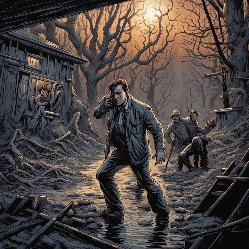 Horror Film Scene in Comic Book Art Style