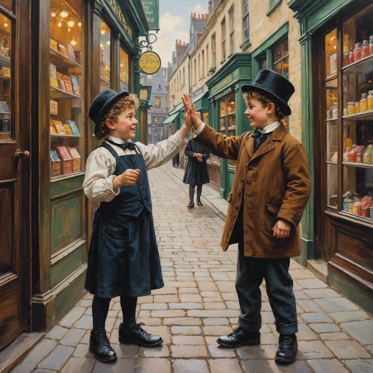 Victorian Urchins Celebrate in Oil Painting