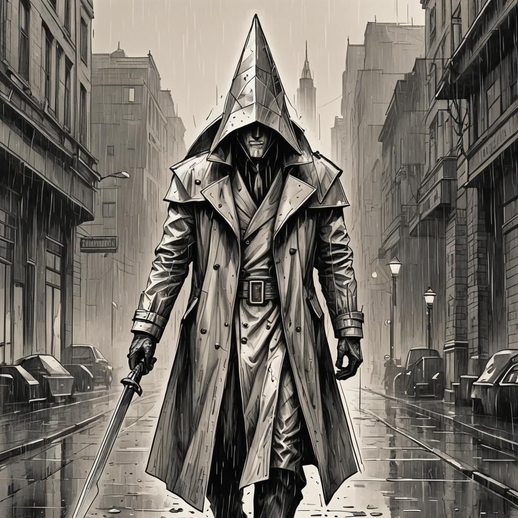 Pyramid Head Man in Rain, Art Deco Ink Drawing