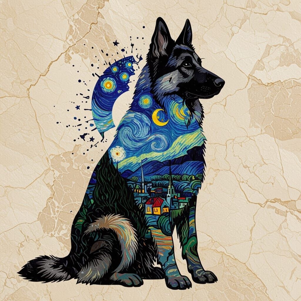 German Shepherd Silhouette Tattoo Art with Starry Night Inte...
