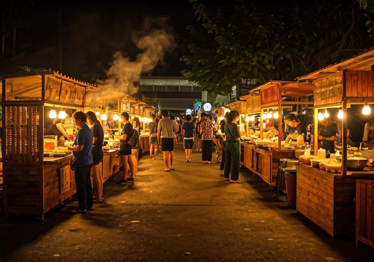 Bustling Thailand Street Food Market at Night