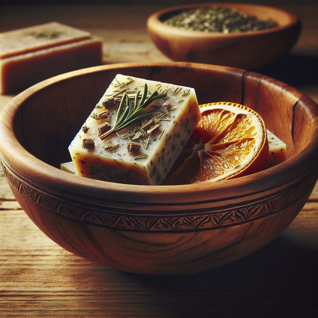 Medieval Herb Soap Bar in Rustic Wooden Bowl