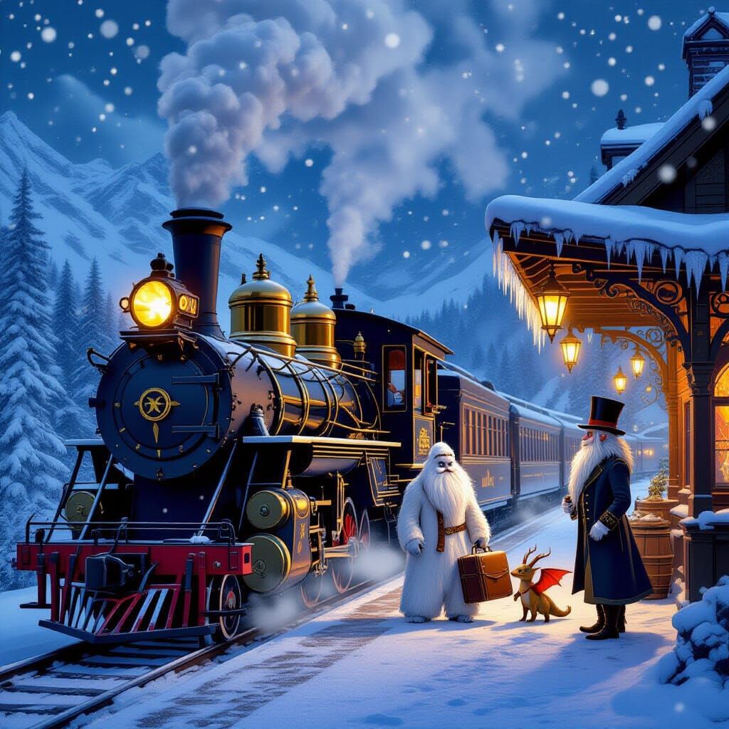 Whimsical Victorian Train Station with Fantasy Creatures