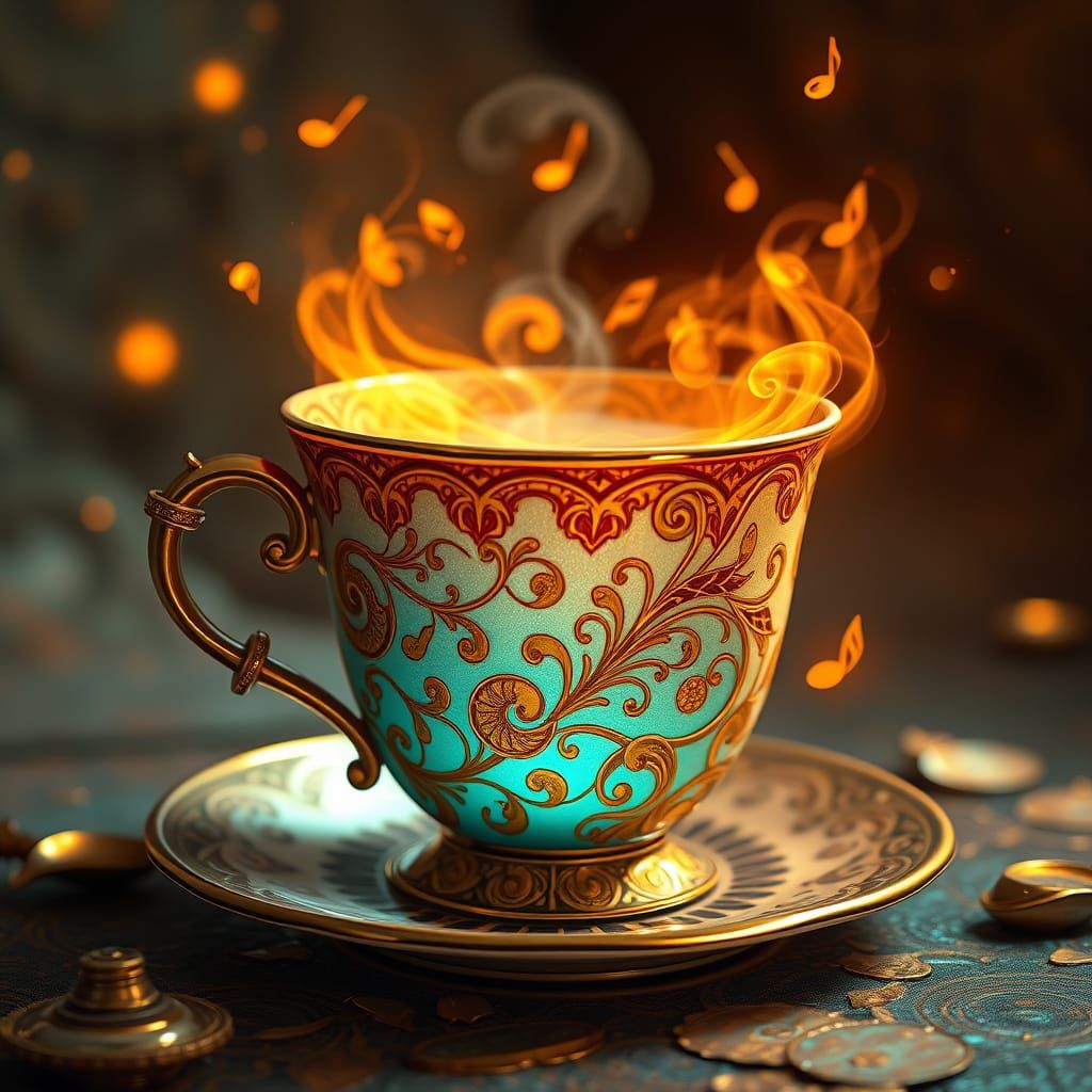 Whimsical Teacup Serenade in Art Nouveau Style