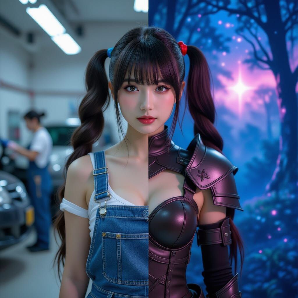 Surreal Split Image of Woman Between Worlds