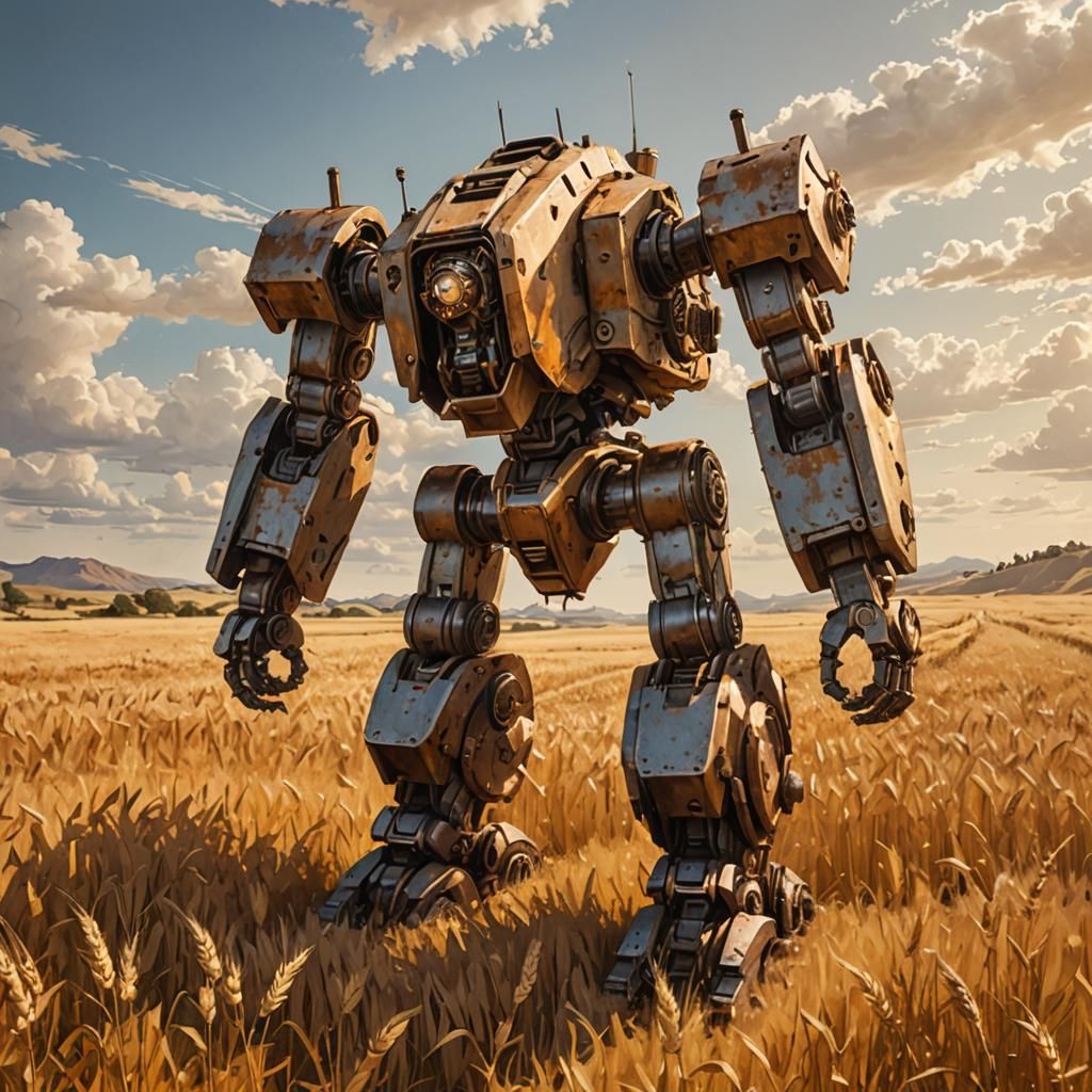 Mech Striding Through Wheat Field, Realistic Atmospheric Art