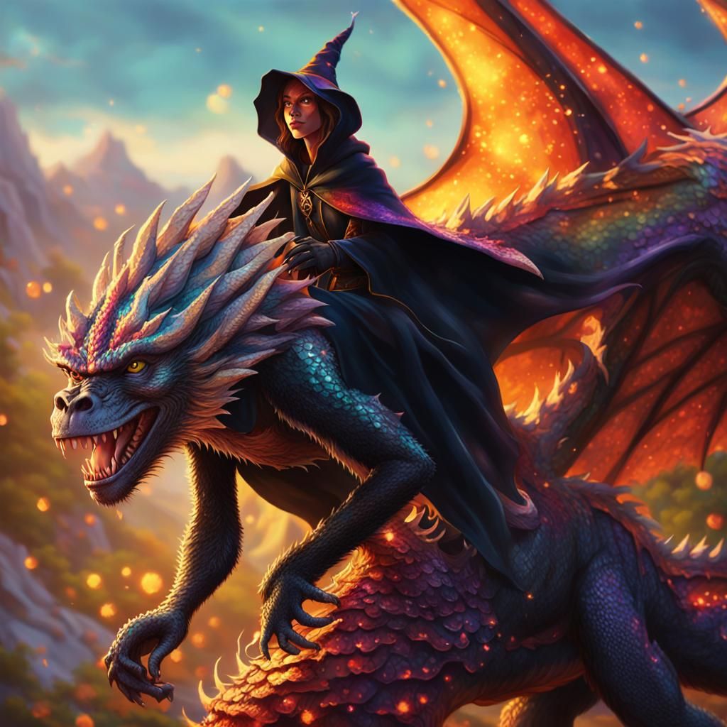 Monkey Witch Riding a Dragon in Vibrant Hyper-Realistic Digi...