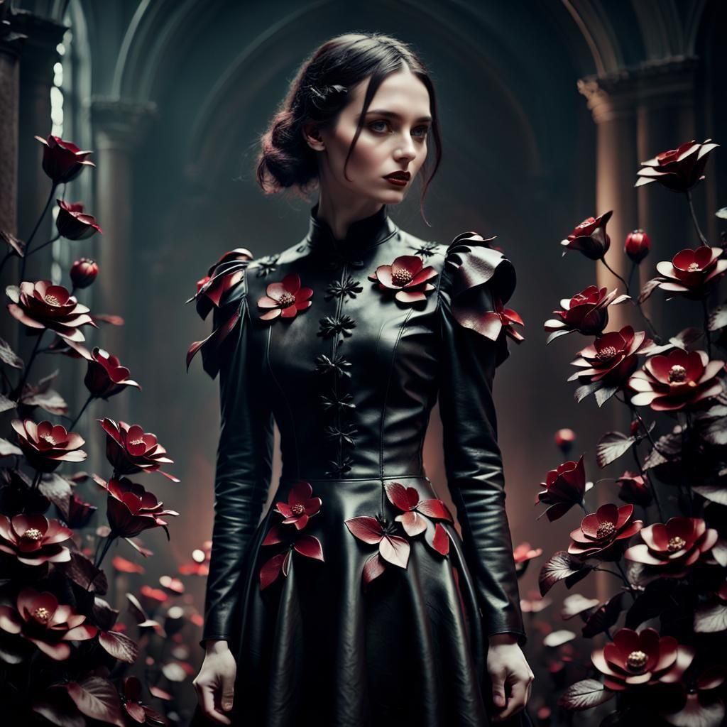 Luxurious Leather Dress Adorned with Floral Embellishments