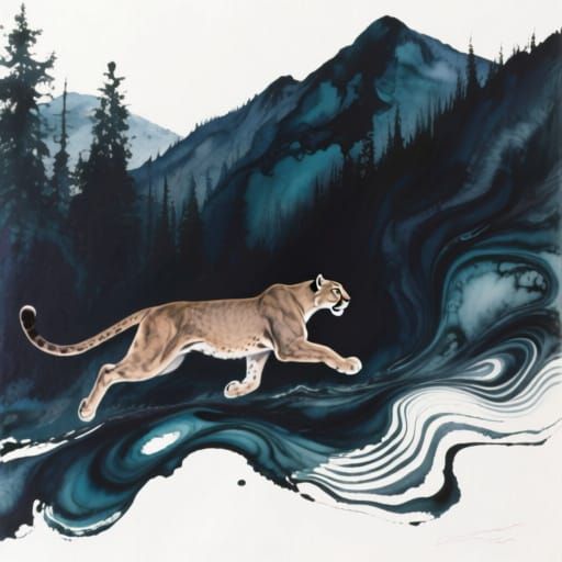 An abstract fluid painting of a cougar running in a mountain...