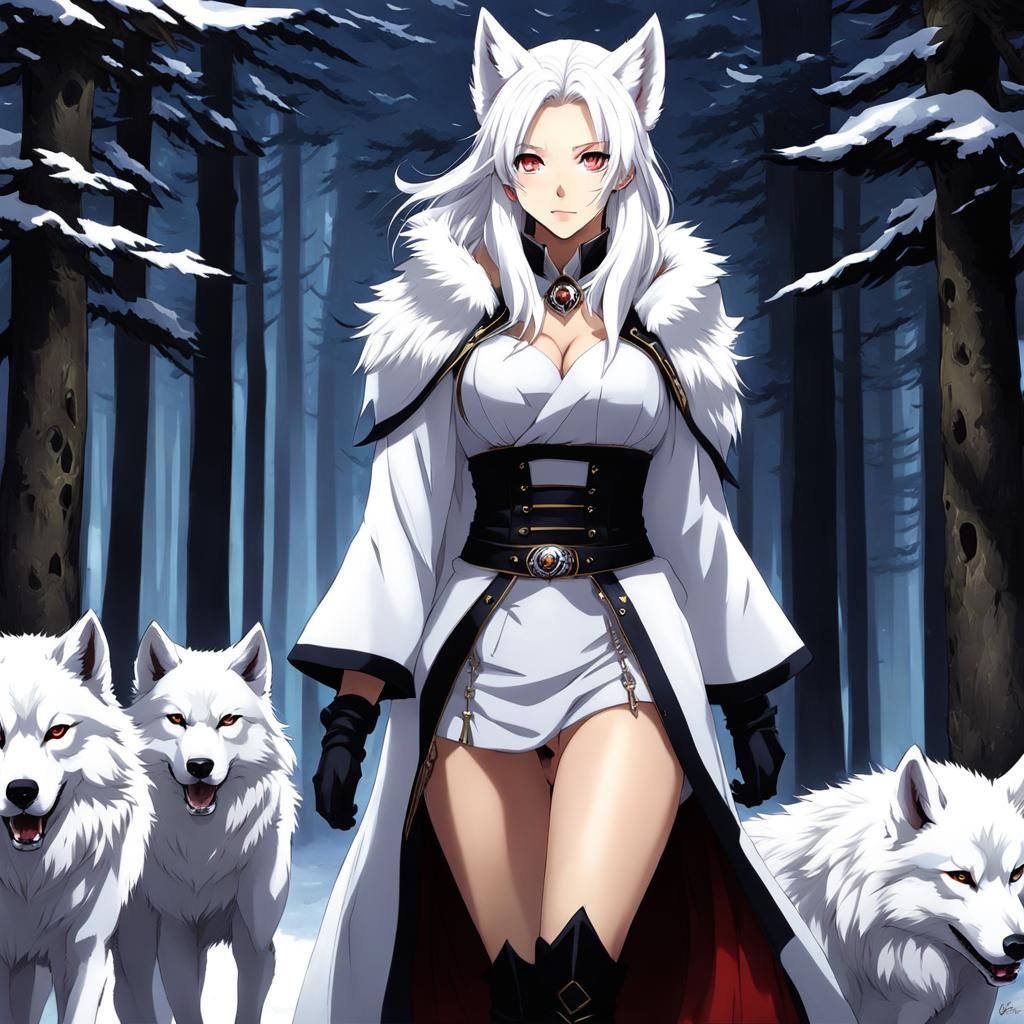 Anime Wolf Woman with White Wolves in Snow