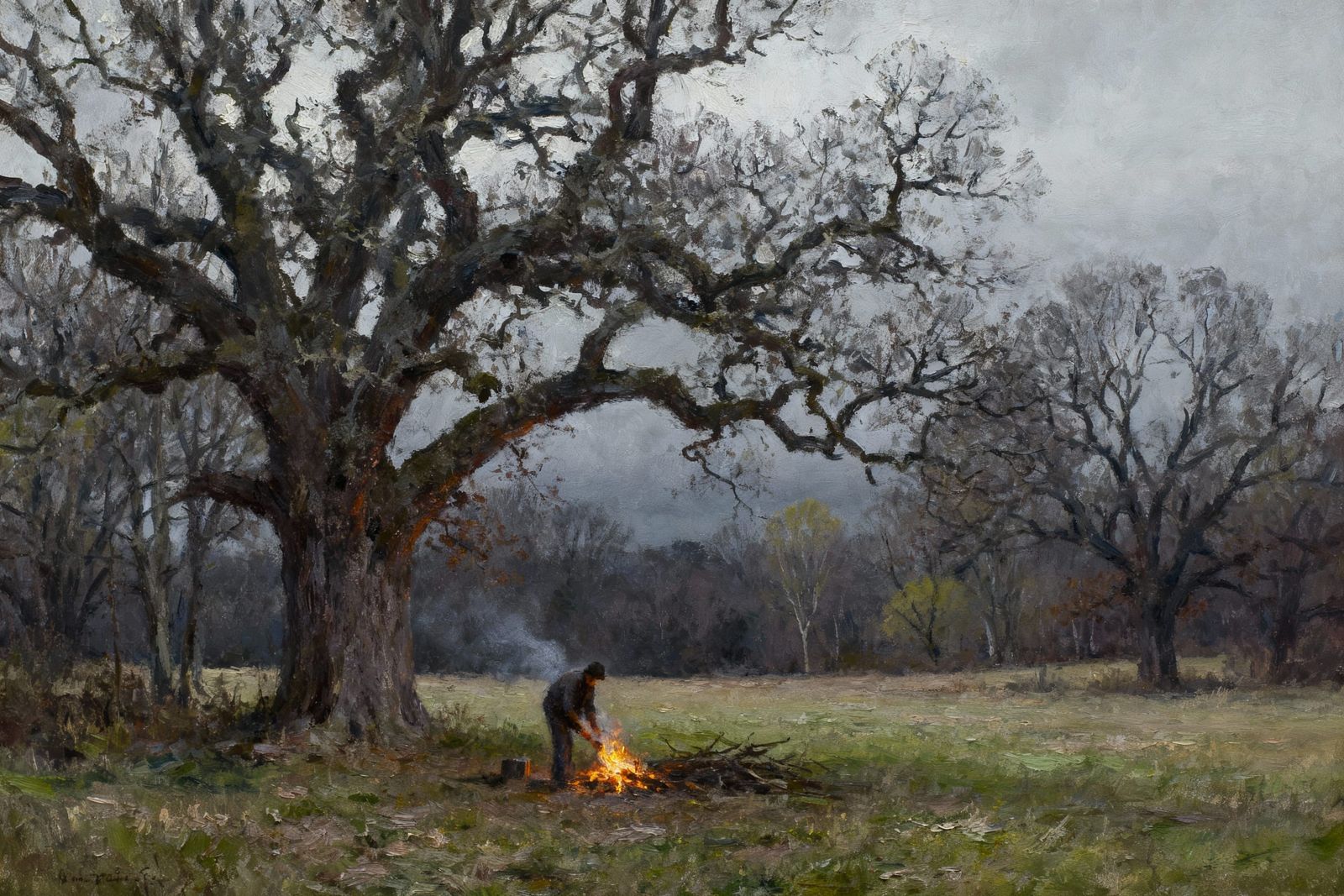 Moody Overcast Morning: Figure Tending Campfire in Spring Fi...
