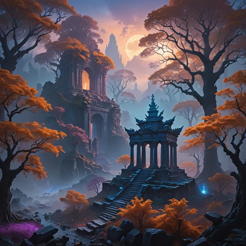 Misty Fantasy Landscape with Glowing Resources