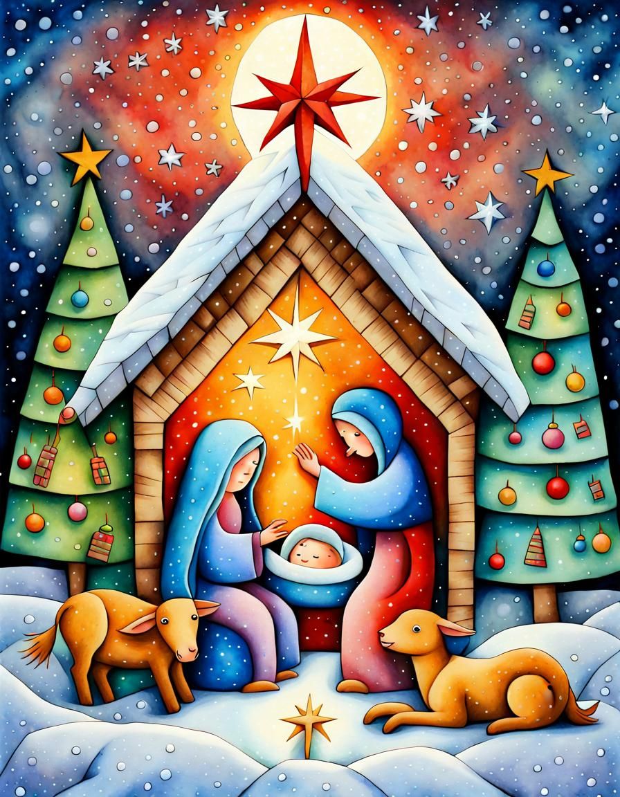 Festive Nativity Scene in Cubist Style