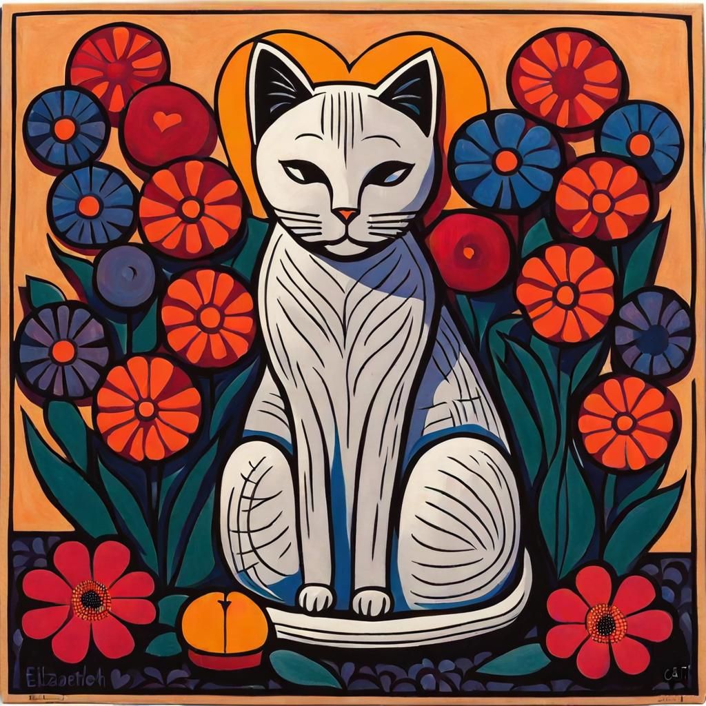 Cute Cat Surrounded by Flowers and Heart Lights