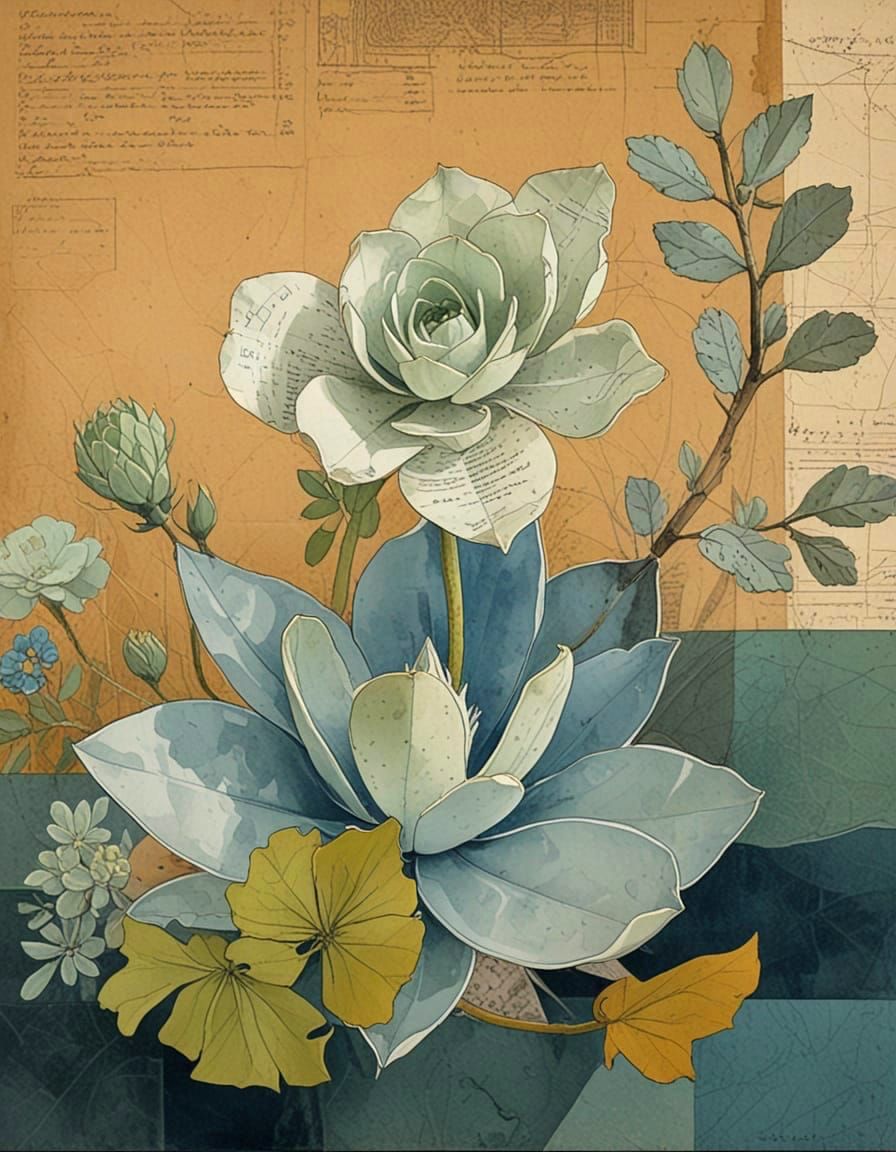 Botanical Oil Painting with Mixed Media Elements