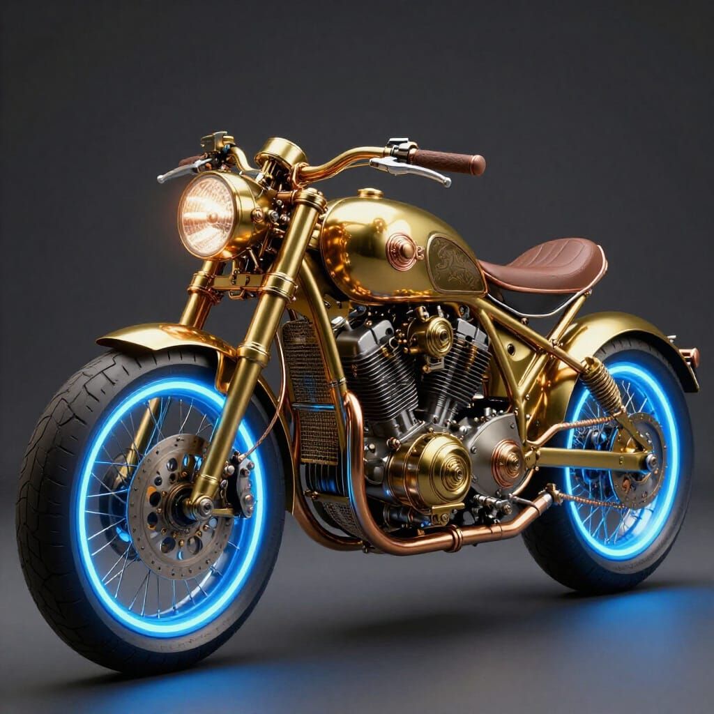 Steampunk Gold Motorbike with Blue Neon Wheels