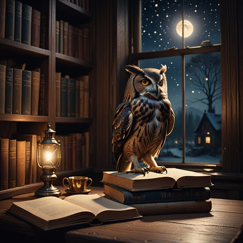 Owl Contemplates Ancient Wisdom in Golden Twilight