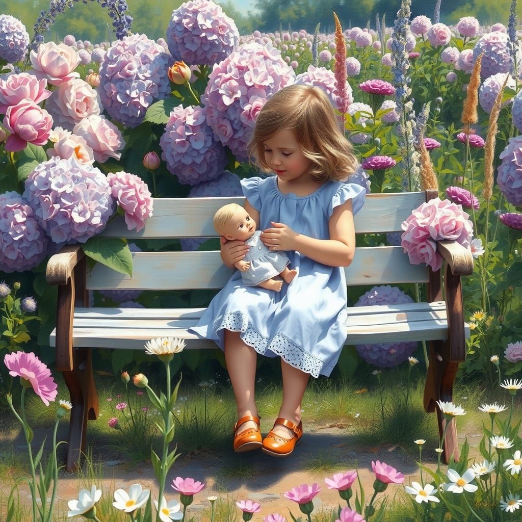 Girl with Doll in Impressionistic Flower Garden