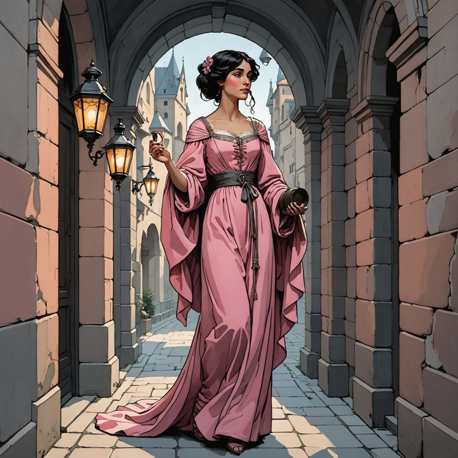 Medieval Woman with Lantern in Chiaroscuro Style