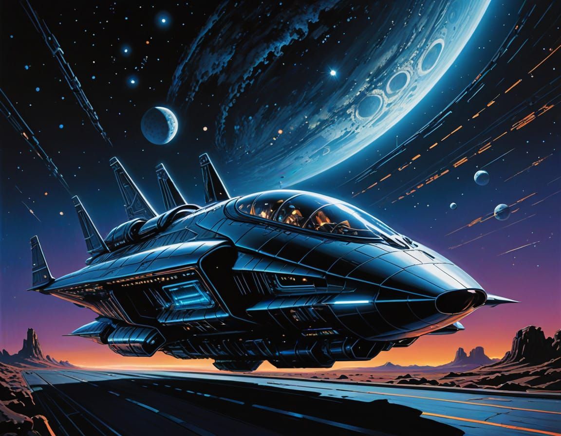 Cyberpunk Spacecraft Soars Through the Cosmos in a Dark, Met...
